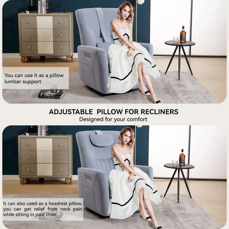 Beige Power Recliner Chair with 270 Swivel, Rocking Motion, Lumbar & Neck Support Pillow, USB & Type-C Ports 19