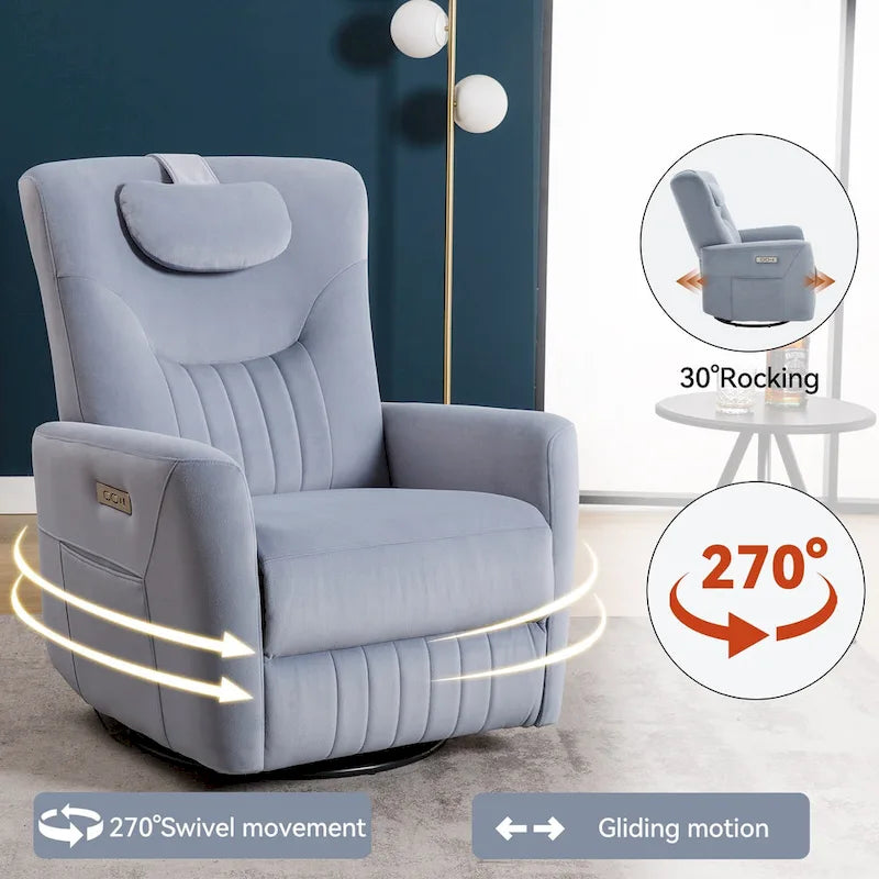 Beige Power Recliner Chair with 270 Swivel, Rocking Motion, Lumbar & Neck Support Pillow, USB & Type-C Ports 23