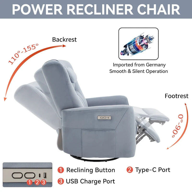 Beige Power Recliner Chair with 270 Swivel, Rocking Motion, Lumbar & Neck Support Pillow, USB & Type-C Ports 24