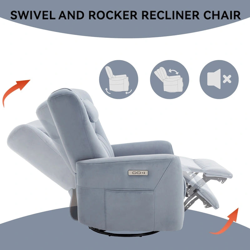 Beige Power Recliner Chair with 270 Swivel, Rocking Motion, Lumbar & Neck Support Pillow, USB & Type-C Ports 26