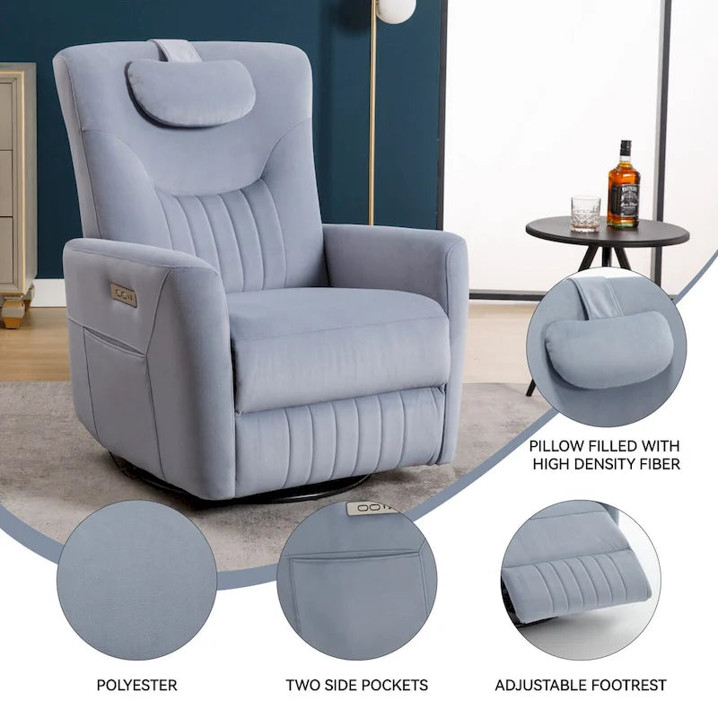 Beige Power Recliner Chair with 270 Swivel, Rocking Motion, Lumbar & Neck Support Pillow, USB & Type-C Ports 27