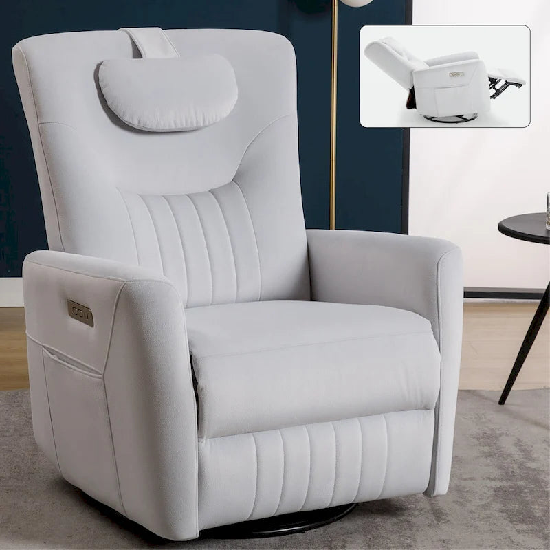 Beige Power Recliner Chair with 270 Swivel, Rocking Motion, Lumbar & Neck Support Pillow, USB & Type-C Ports 29