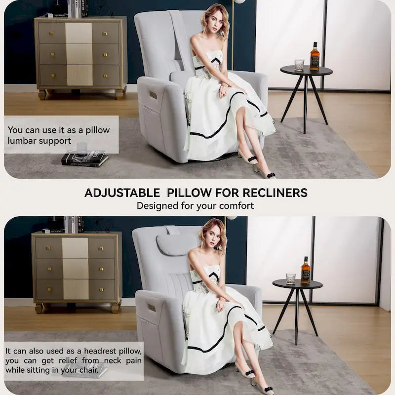 Beige Power Recliner Chair with 270 Swivel, Rocking Motion, Lumbar & Neck Support Pillow, USB & Type-C Ports 31