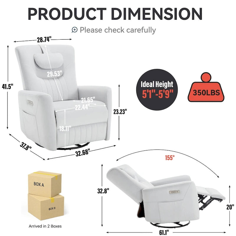 Beige Power Recliner Chair with 270 Swivel, Rocking Motion, Lumbar & Neck Support Pillow, USB & Type-C Ports 32