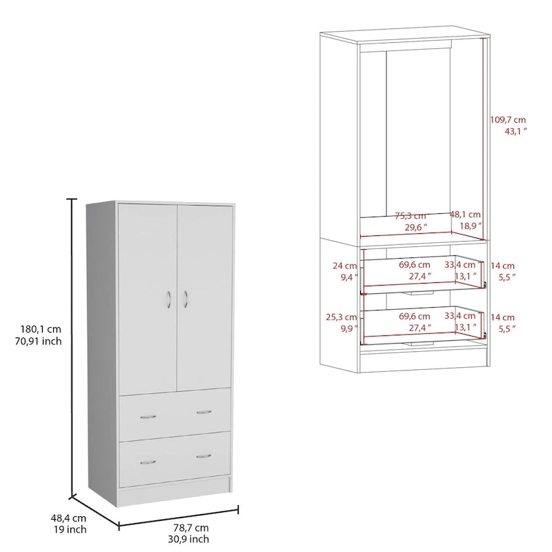 30.9 Modern Double-door Armoire with Two Drawers and Hanging Rod for Bedroom 3