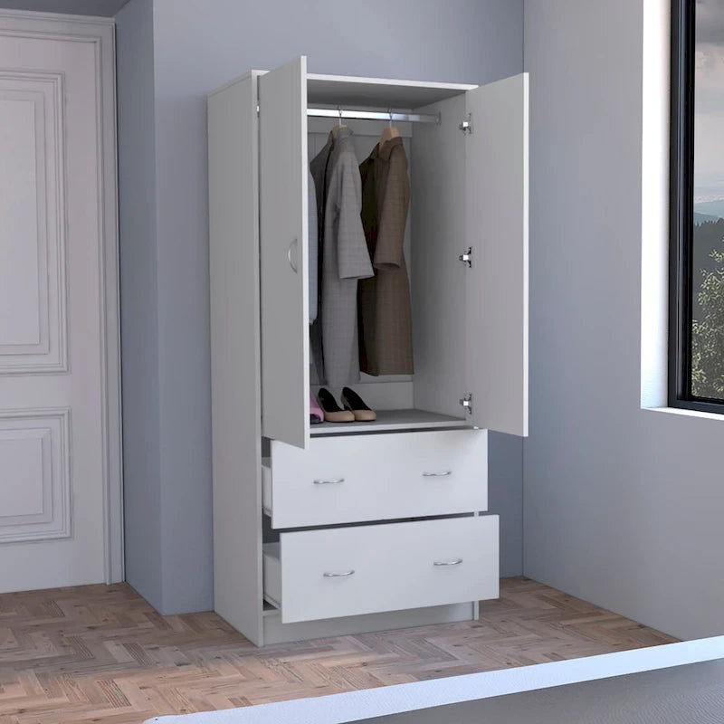 30.9 Modern Double-door Armoire with Two Drawers and Hanging Rod for Bedroom 4
