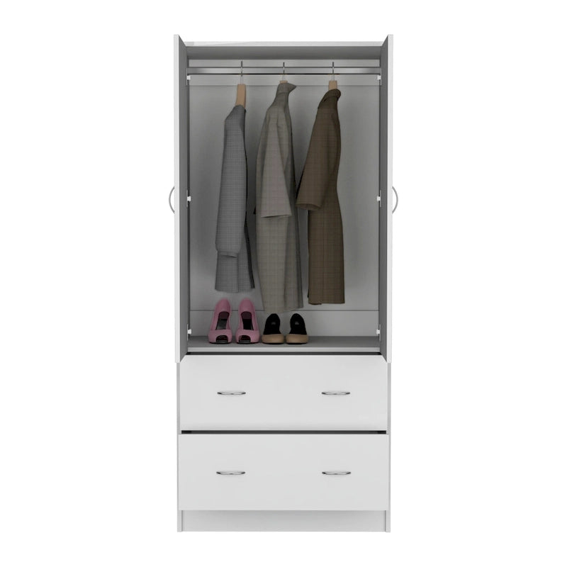 30.9 Modern Double-door Armoire with Two Drawers and Hanging Rod for Bedroom 7