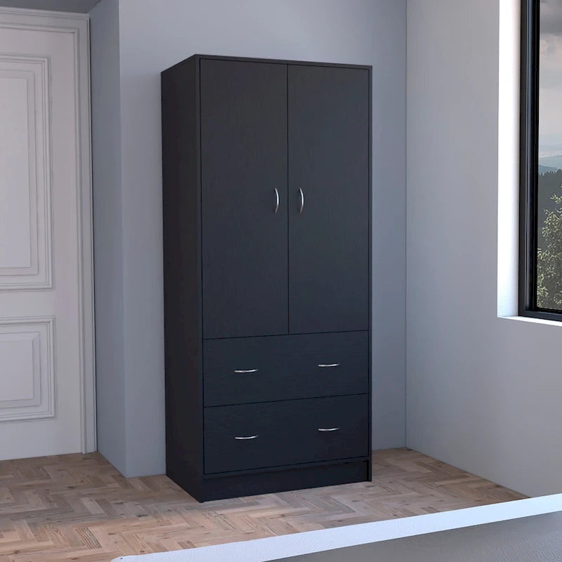30.9 Modern Double-door Armoire with Two Drawers and Hanging Rod for Bedroom 8