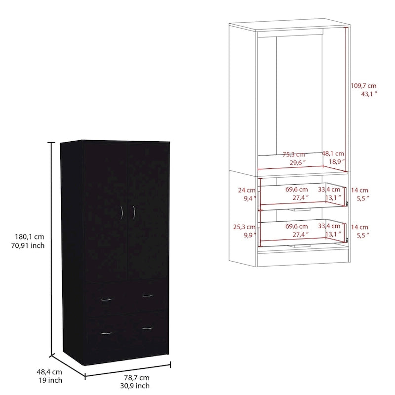 30.9 Modern Double-door Armoire with Two Drawers and Hanging Rod for Bedroom 10