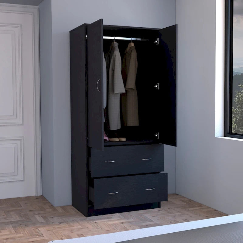 30.9 Modern Double-door Armoire with Two Drawers and Hanging Rod for Bedroom 11