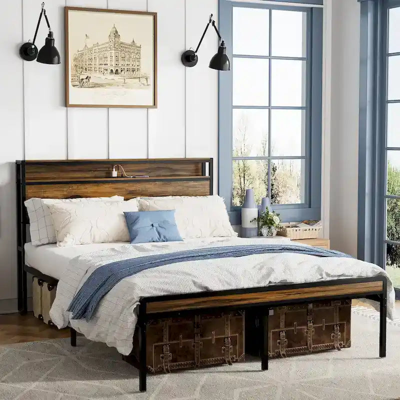 Antique Brown Queen Size Platform Bed with Storage Headboard, LED Light & Charging 11