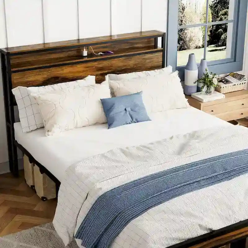 Antique Brown Queen Size Platform Bed with Storage Headboard, LED Light & Charging