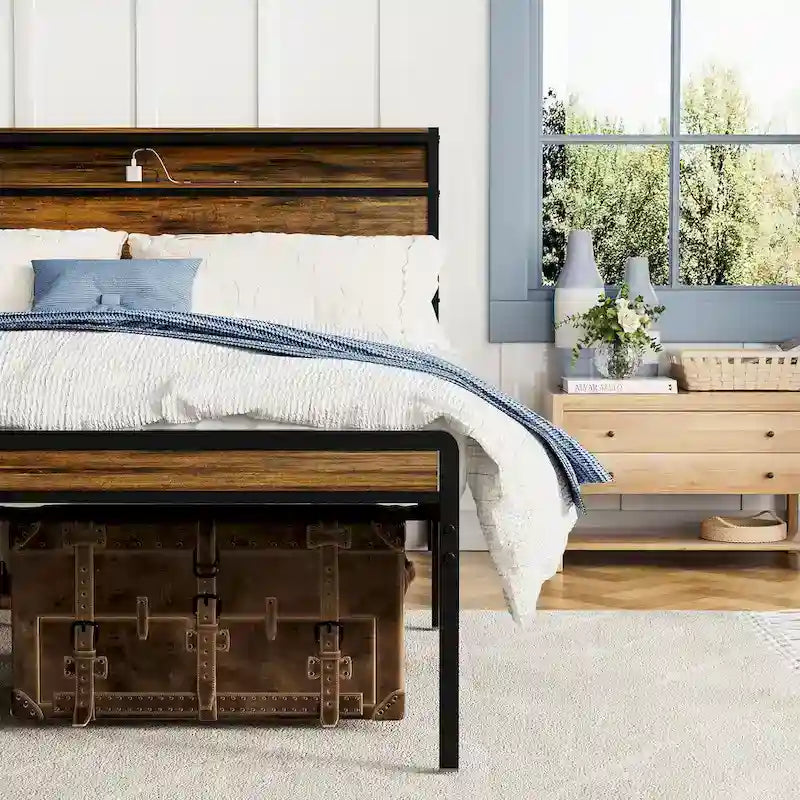 Antique Brown Queen Size Platform Bed with Storage Headboard, LED Light & Charging 3