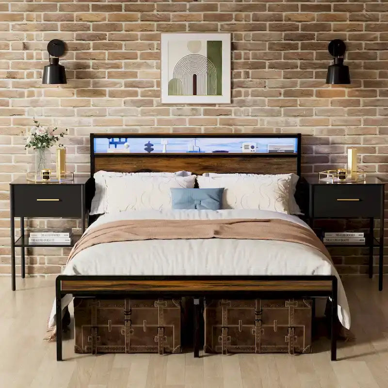 Antique Brown Queen Size Platform Bed with Storage Headboard, LED Light & Charging 7