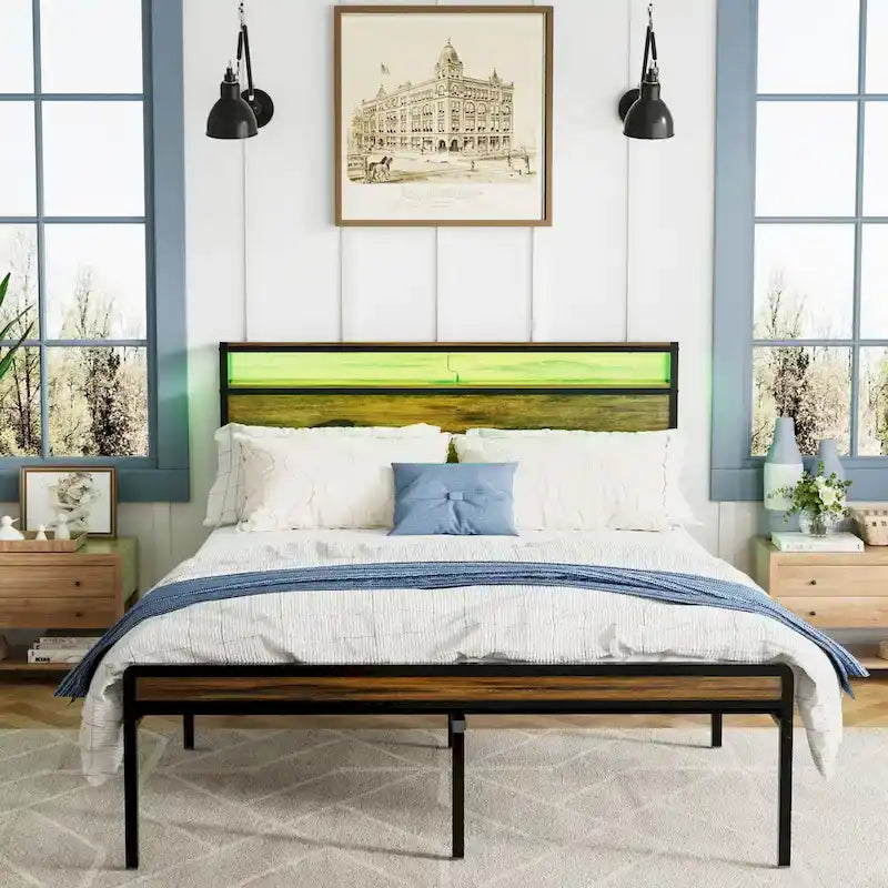 Antique Brown Queen Size Platform Bed with Storage Headboard, LED Light & Charging 9