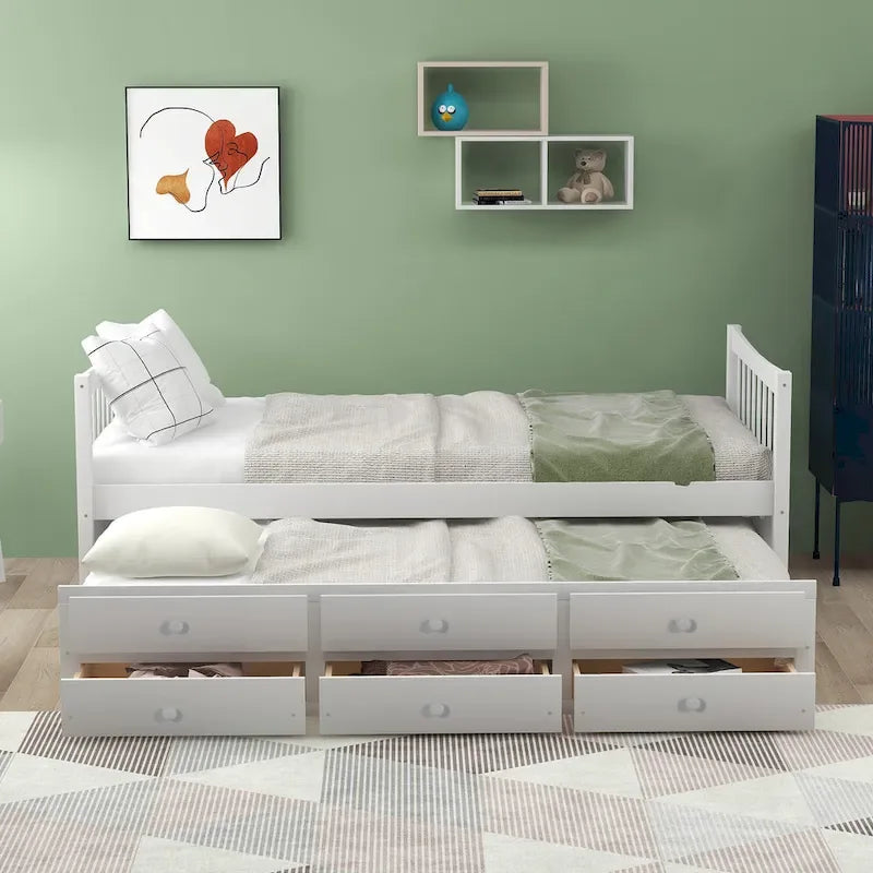 Twin Wooden Daybed with Trundle, Drawers & Headboard