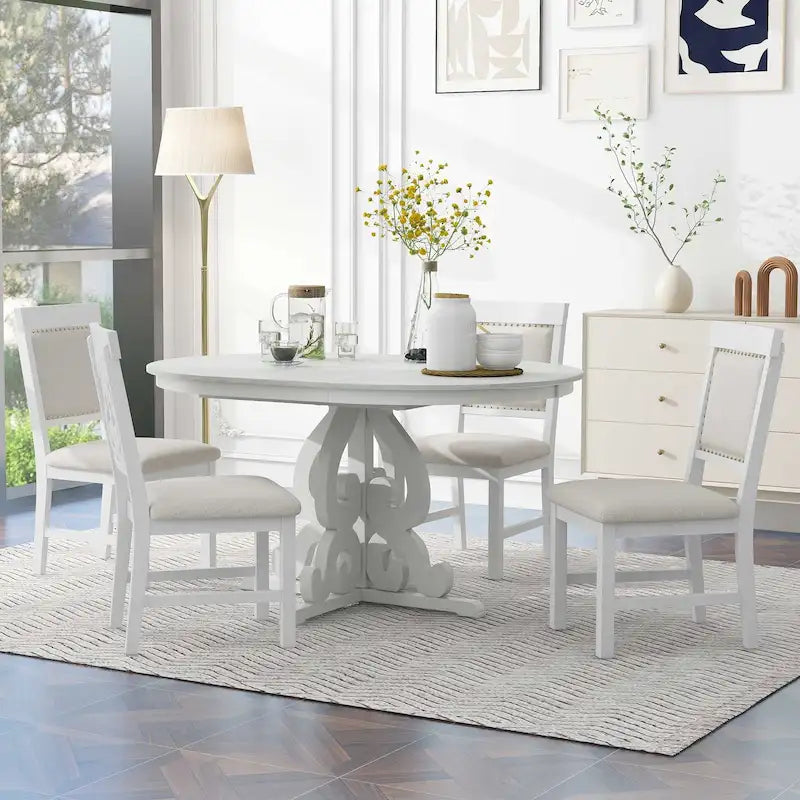 Set da Pranzo Antico Bianco Retrò di 5 Pezzi in Legno con Tavolo Allungabile e 4 Sedie 19