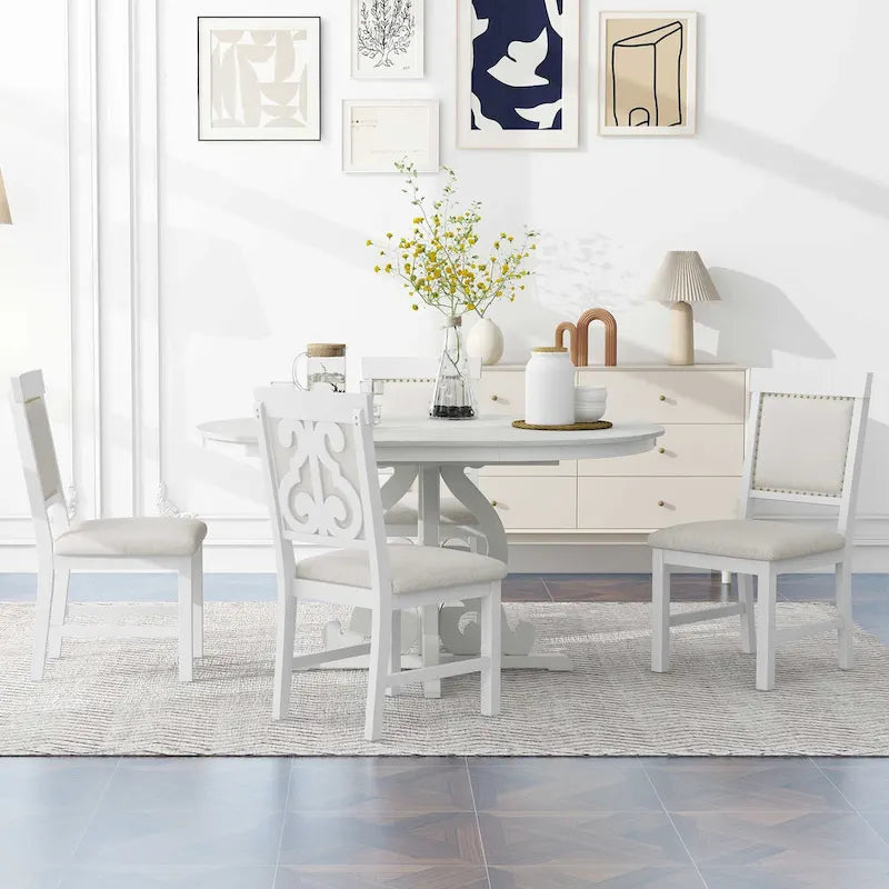 Set da Pranzo Antico Bianco Retrò di 5 Pezzi in Legno con Tavolo Allungabile e 4 Sedie