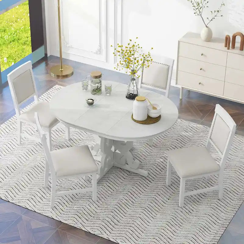 Set da Pranzo Antico Bianco Retrò di 5 Pezzi in Legno con Tavolo Allungabile e 4 Sedie 3