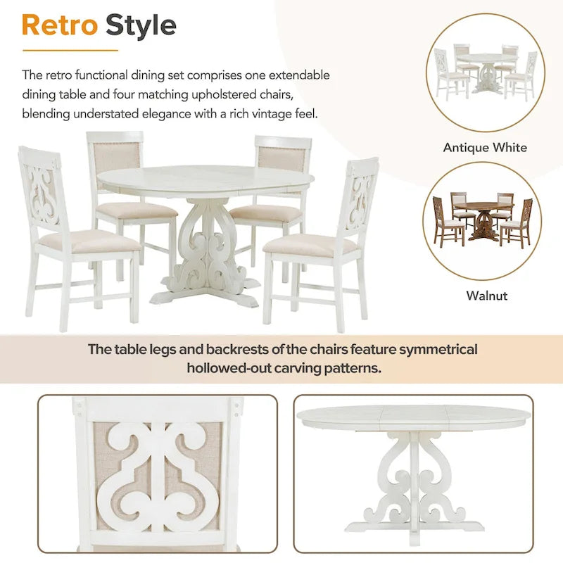 Set da Pranzo Antico Bianco Retrò di 5 Pezzi in Legno con Tavolo Allungabile e 4 Sedie 5