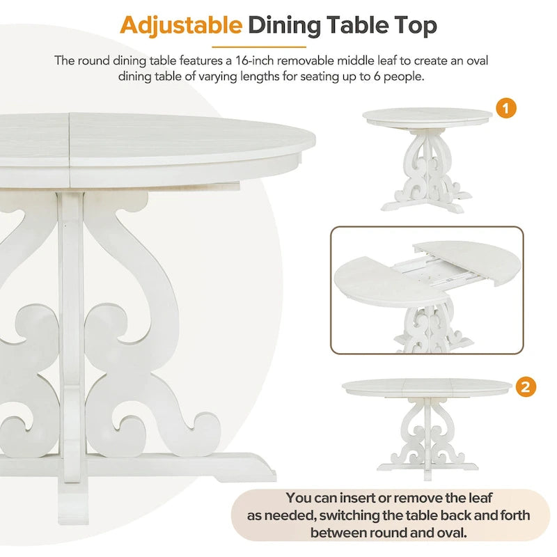 Set da Pranzo Antico Bianco Retrò di 5 Pezzi in Legno con Tavolo Allungabile e 4 Sedie 6
