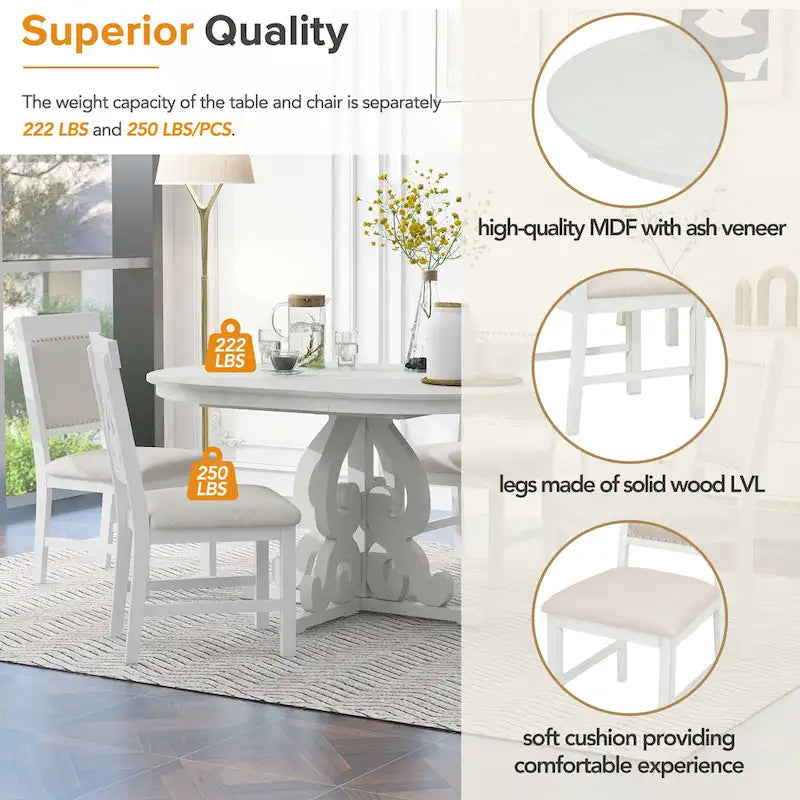 Set da Pranzo Antico Bianco Retrò di 5 Pezzi in Legno con Tavolo Allungabile e 4 Sedie 7
