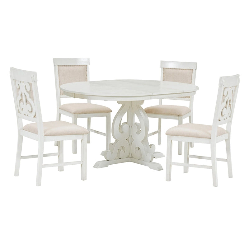 Set da Pranzo Antico Bianco Retrò di 5 Pezzi in Legno con Tavolo Allungabile e 4 Sedie 9