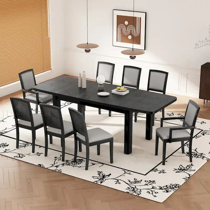 Set da pranzo in legno 7 pezzi nero + grigio con tavolo allungabile e 6 sedie 21
