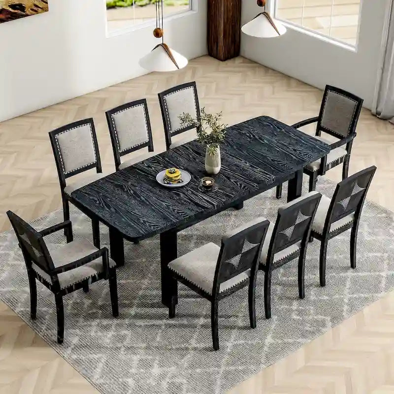 Set da pranzo in legno 7 pezzi nero + grigio con tavolo allungabile e 6 sedie
