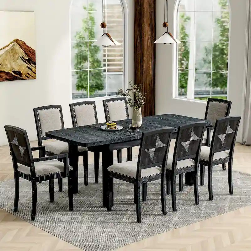 Set da pranzo in legno 7 pezzi nero + grigio con tavolo allungabile e 6 sedie 3