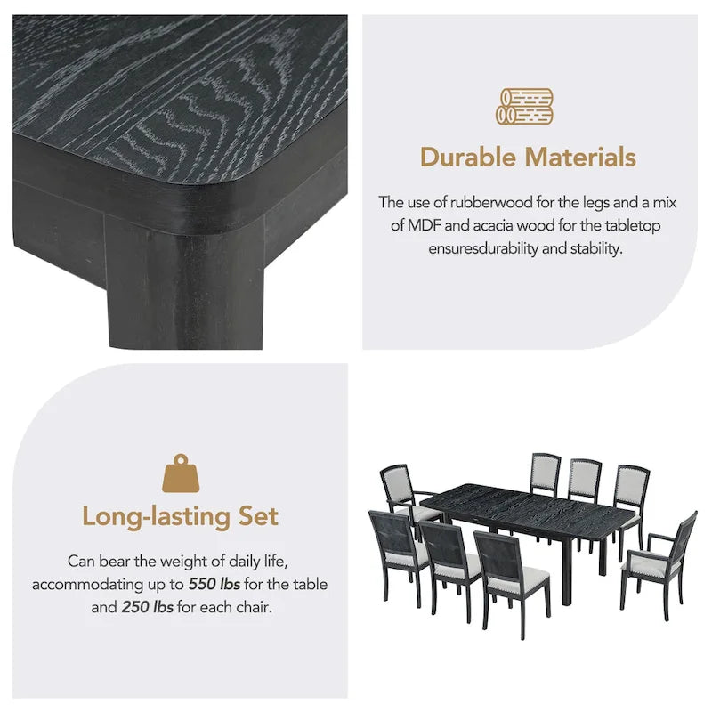 Set da pranzo in legno 7 pezzi nero + grigio con tavolo allungabile e 6 sedie 6
