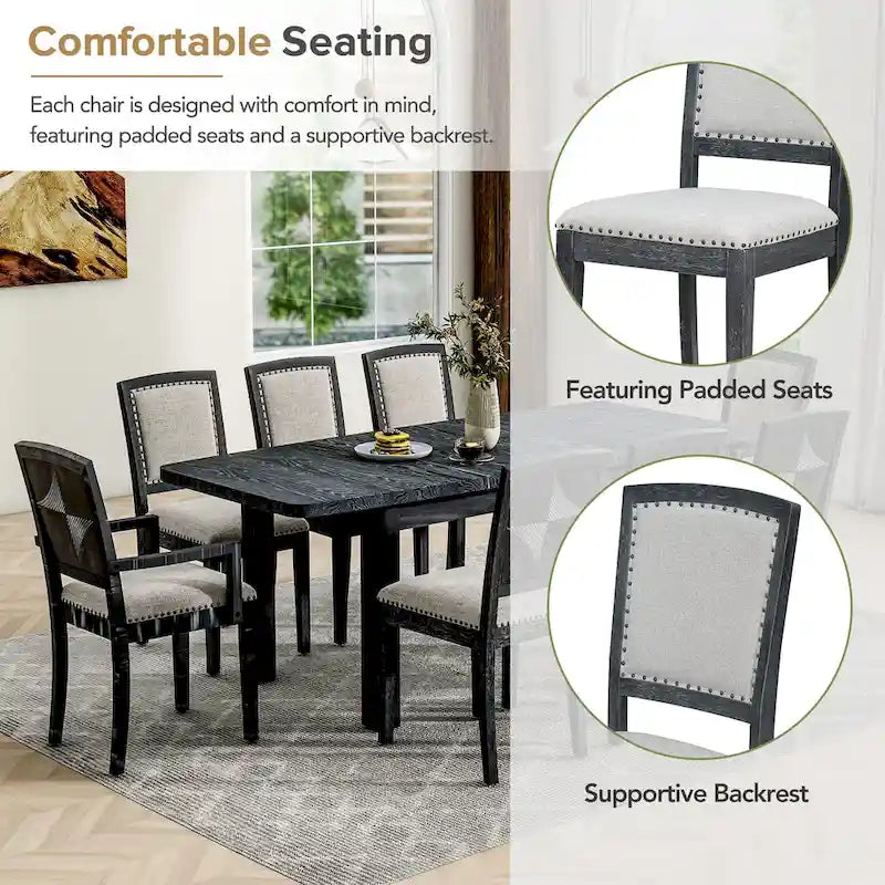 Set da pranzo in legno 7 pezzi nero + grigio con tavolo allungabile e 6 sedie 7