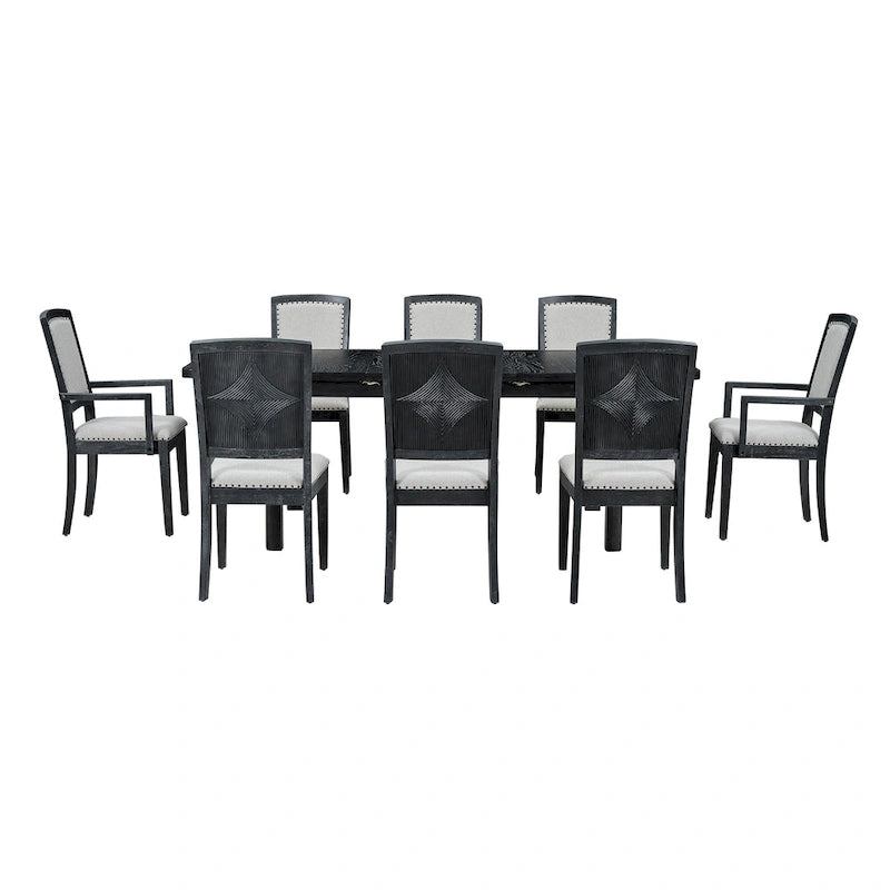 Set da pranzo in legno 7 pezzi nero + grigio con tavolo allungabile e 6 sedie 8