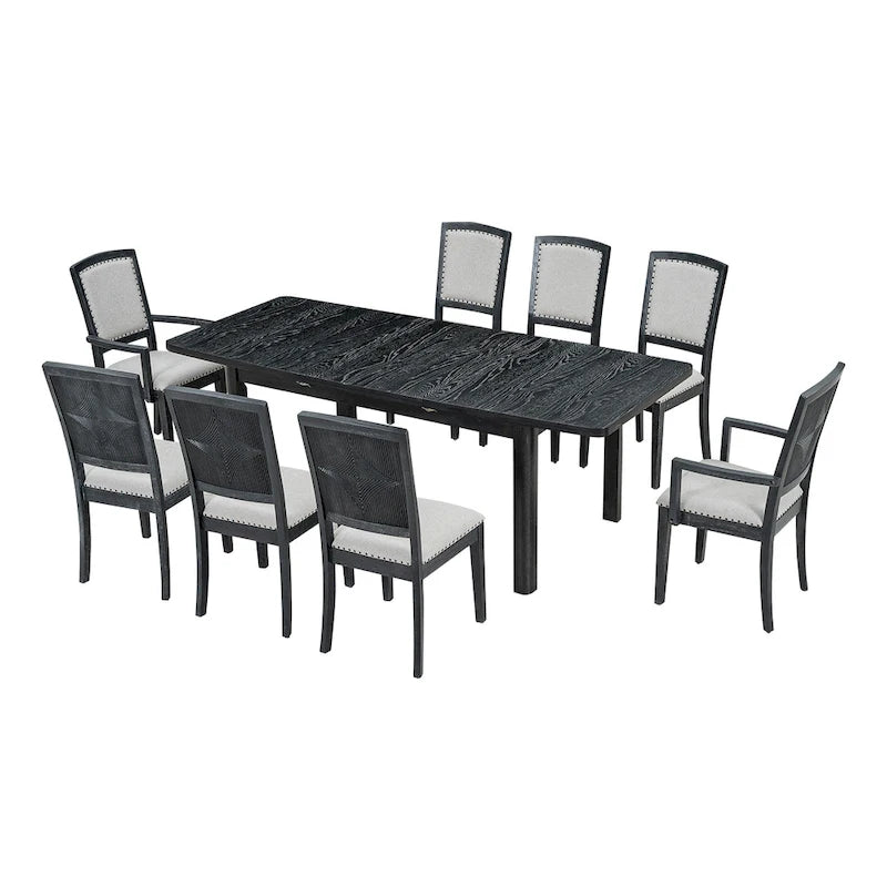 Set da pranzo in legno 7 pezzi nero + grigio con tavolo allungabile e 6 sedie 10