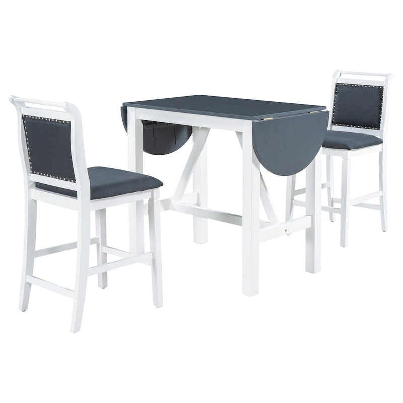 Set tavolo da pranzo bianco in legno a 3 pezzi con altezza da bancone con tavolo allungabile e 2 sedie 8