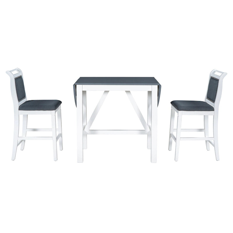 Set tavolo da pranzo bianco in legno a 3 pezzi con altezza da bancone con tavolo allungabile e 2 sedie 9