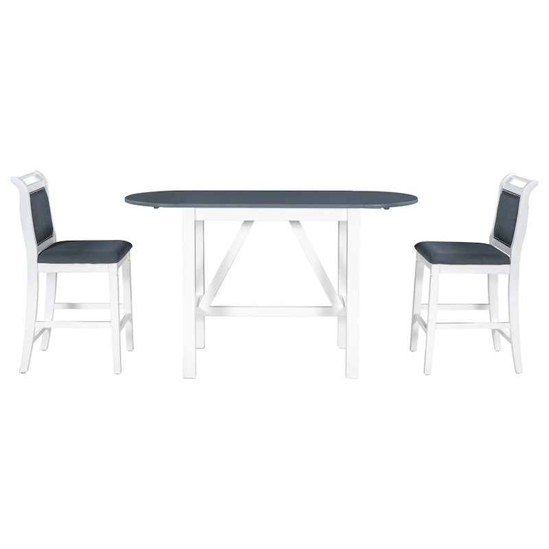Set tavolo da pranzo bianco in legno a 3 pezzi con altezza da bancone con tavolo allungabile e 2 sedie 10