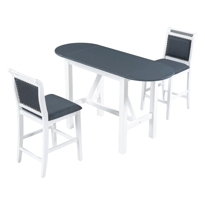 Set tavolo da pranzo bianco in legno a 3 pezzi con altezza da bancone con tavolo allungabile e 2 sedie 11