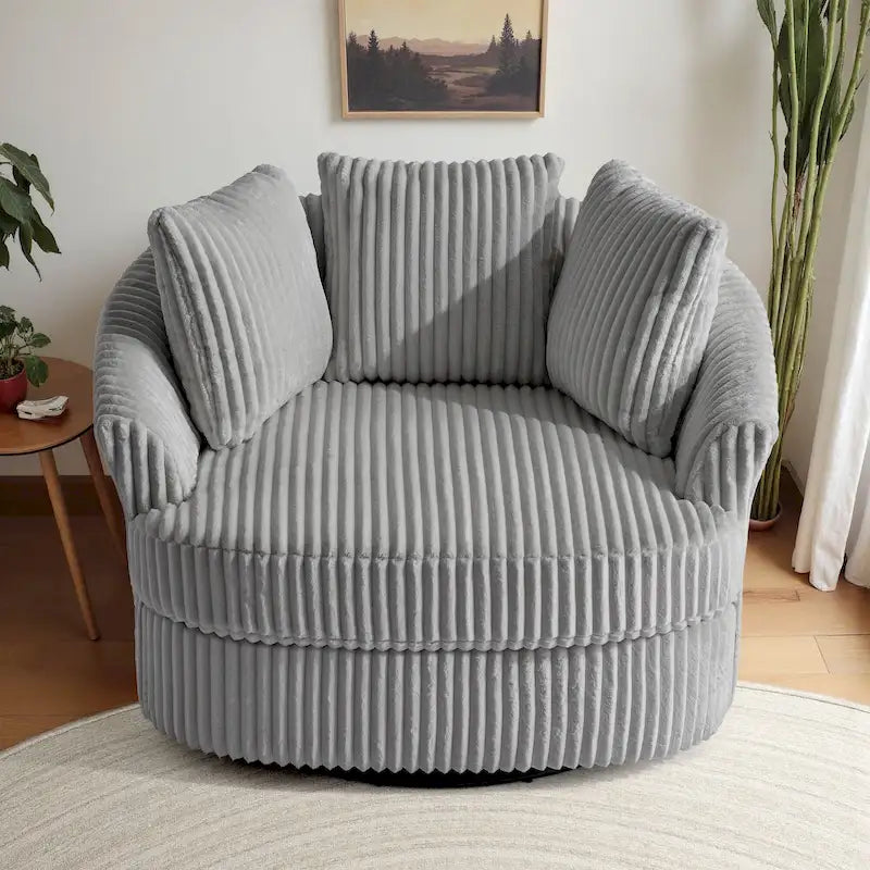 Oversized 43 W Plush Corduroy Recessed Arm Swivel Barrel Chair 36