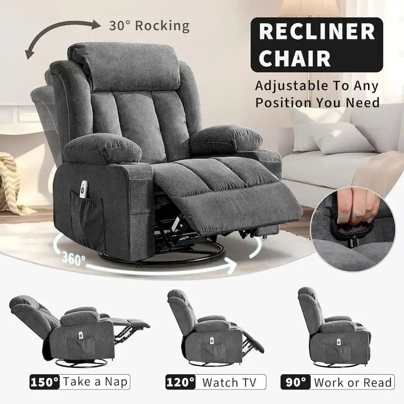 Recliner Chair, Rocking Chairs with Massage and Heat, Side Pockets and Cup Holder 3