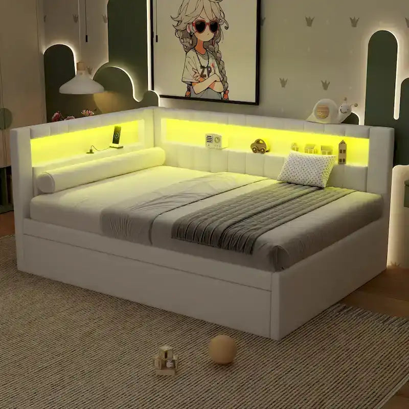 Upholstered Platform Bed with USB Ports & LED Lighting - Full/Twin Size Bed Frame with 2 Storage Drawers - Modern Bedroom 23