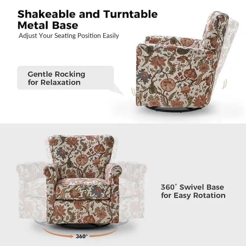 Georg Comfortable Floral Fabric Swivel Rocker Chair with Rolled Armrest by HULALA HOME 25