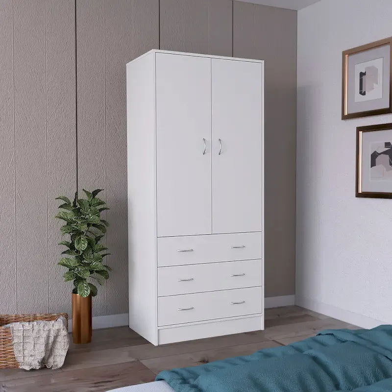 19  Modern Double-door Armoire with 3 Drawers and 1 Hanging Rod for Bedroom 11