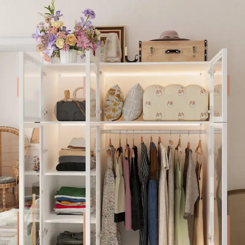 47.2 Wide Armoire LED Light All Glass Door Closet Cabinet Wardrobe 21