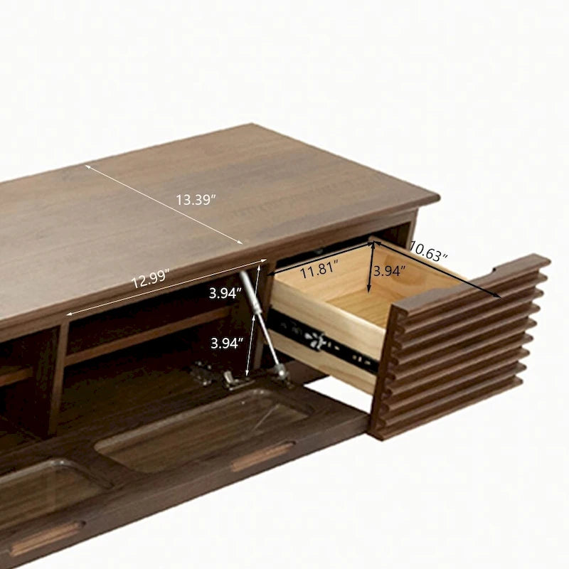 Minimalist TV Stand with DrawersSolid Wood Media Console with Cabinets, Flip-down Door, Walnut Veneer, Fully-Assembled 16