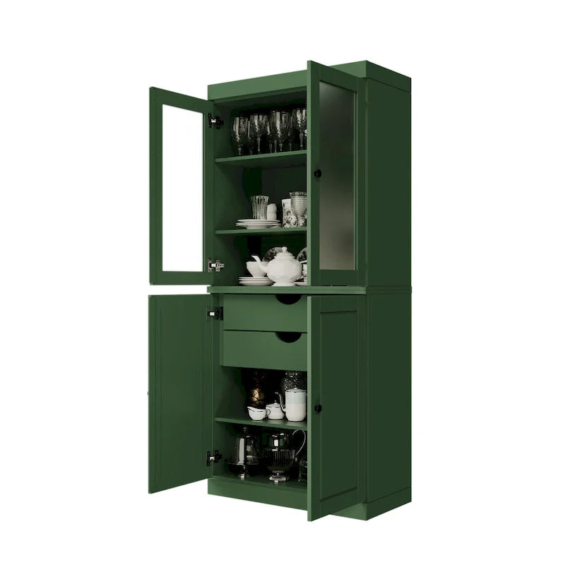 100% Solid Wood Pantry Cabinet with Frosted Glass Doors, Solid Doors, 2-Drawers and Adjustable Shelves 37