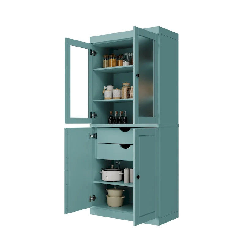 100% Solid Wood Pantry Cabinet with Frosted Glass Doors, Solid Doors, 2-Drawers and Adjustable Shelves 14