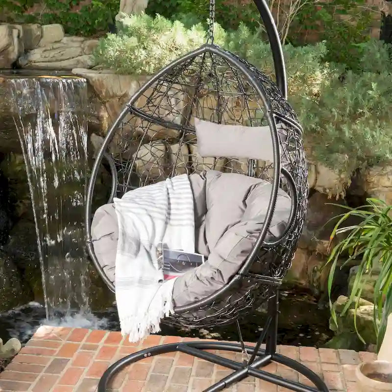 Waterproof Outdoor Wicker Hanging Basket Chair with Cushions, Hammock Seat - 300 lbs Capacity 4