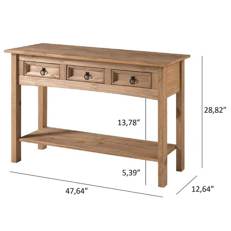 Rustic Solid Pine Console Hall Table, White Wash / Antique Brown / Gray Wash / Unpainted, 3 Drawers 13