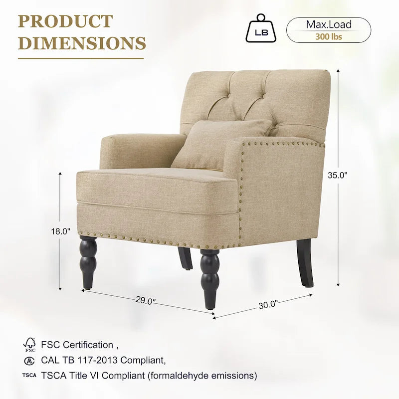 Set of 2 Arm Chair Upholstered Button Tufted Accent Chair with Lumbar Pillow Beige/ Grey/ Light Blue 42